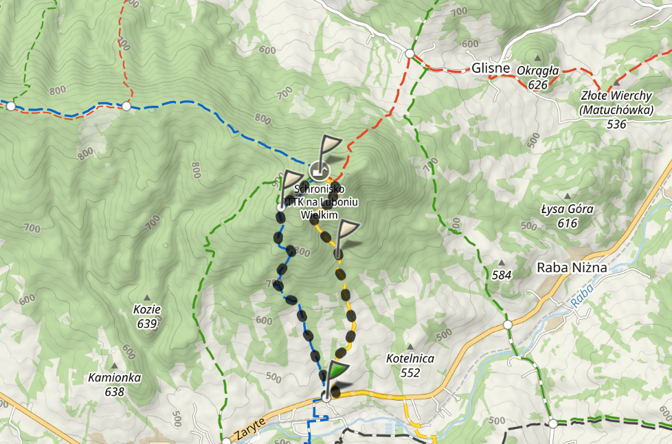 Mapa szlaku: Rabka-Zdrój Zaryte (niebieski szlak) - Luboń Wielki - (żółty szlak) Rabka Zdrój Zaryte. Źródło: mapa-turystyczna.pl